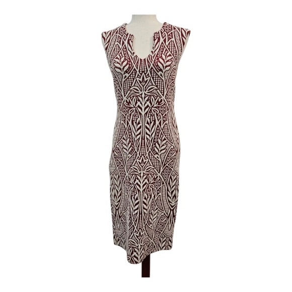 Anthropologie HD in Paris Jacquard Print Sheath Dress Bodycon Red Ivory - Picture 2 of 16